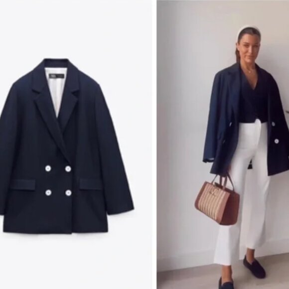 ZARA NAVY BLUE DOUBLE BREASTED LONG MINIMALIST BLAZER JACKET Medium - Picture 4 of 10